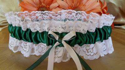 Beautiful Elegant Wedding Bridal Garter Emerald Green on White