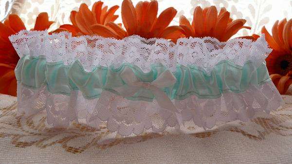 Beautiful Elegant Wedding Bridal Garter Mint Green on White