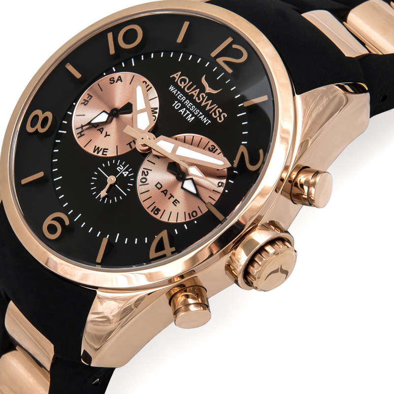 Swiss Movement I UNISEX I Aquaswiss Trax 5 Hand Black and Rosegold Stainless Steel Watch