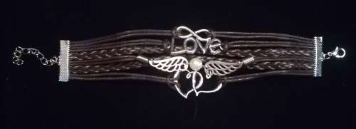 Love , Infinity , Angel wings faux leather multilayer charm bracelet