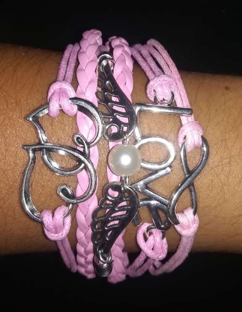 Love , Infinity , Angel wings faux leather multilayer charm bracelet