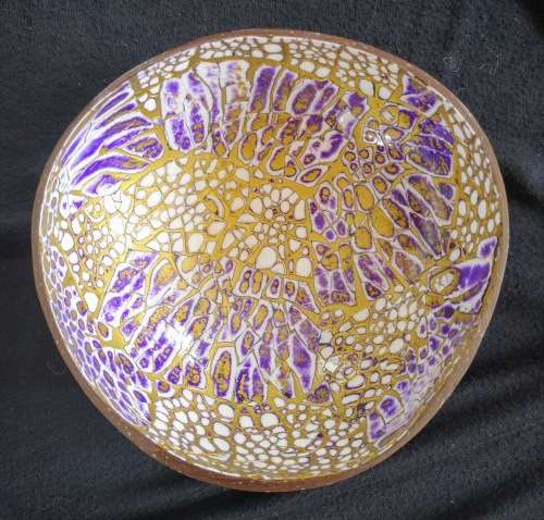Handmade Mosaic Painted Coconut Bowl - Purple , Gold and White