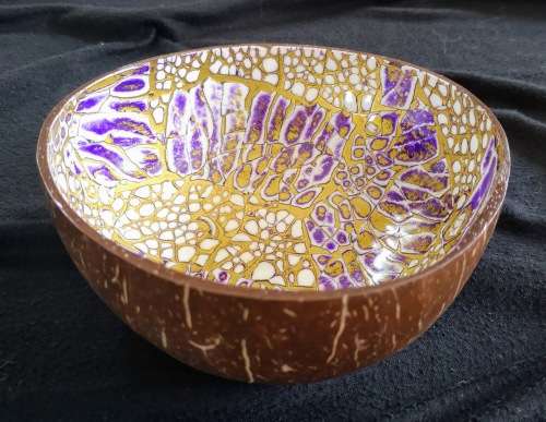 Handmade Mosaic Painted Coconut Bowl - Purple , Gold and White