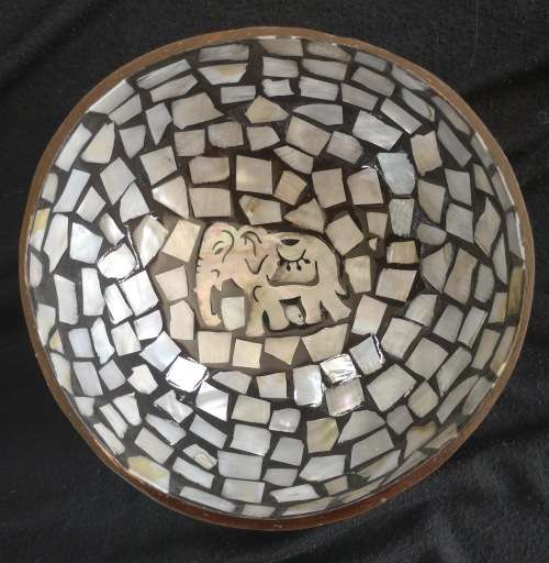 Handmade Mosaic Coconut Bowl - Black and Pearl White with Elephant