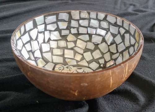 Handmade Mosaic Coconut Bowl - Black and Pearl White with Elephant