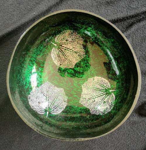 Handmade Painted Coconut Bowl - Green, Black , Silver leaf pattern