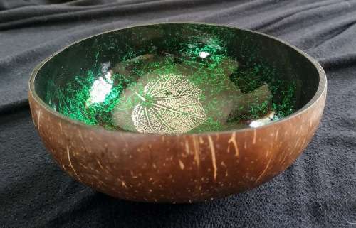 Handmade Painted Coconut Bowl - Green, Black , Silver leaf pattern