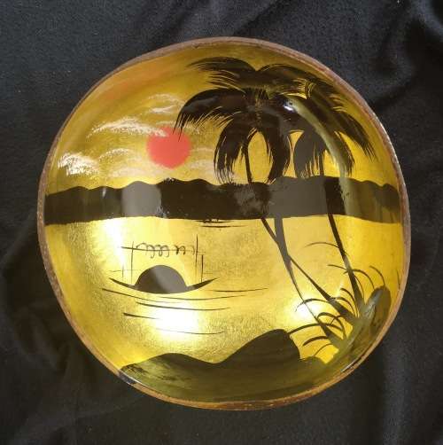 Handmade Painted Coconut Bowl - Black and Gold with Sunset and Palm trees