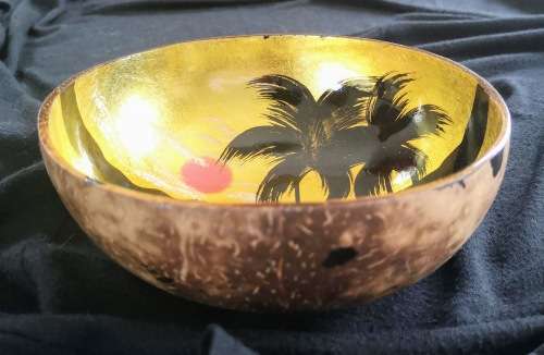 Handmade Painted Coconut Bowl - Black and Gold with Sunset and Palm trees