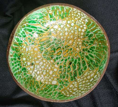 Handmade Mosaic Painted Coconut Bowl - Green , Gold and White