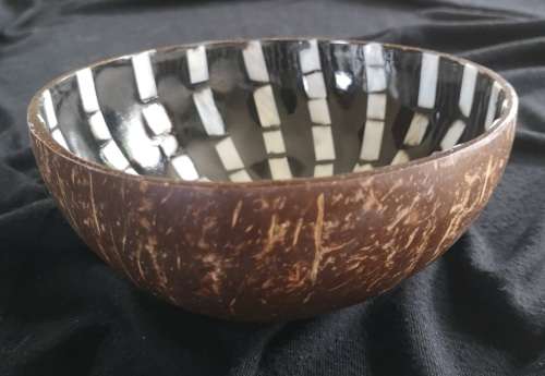 Handmade Mosaic Coconut Bowl - Black and Pearl White
