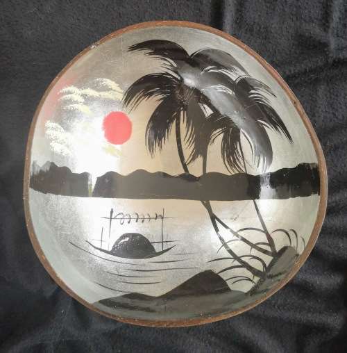 Handmade Painted Coconut Bowl - Black and Silver with Sunset and Palm Trees