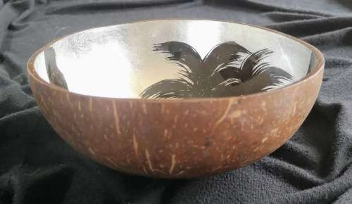 Handmade Painted Coconut Bowl - Black and Silver with Sunset and Palm Trees