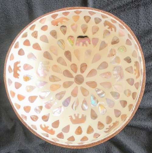 Handmade Mosaic Coconut Bowl - Peach with Elephant and Tear Drop Pattern
