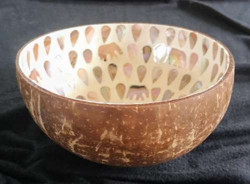 Handmade Mosaic Coconut Bowl - Peach with Elephant and Tear Drop Pattern