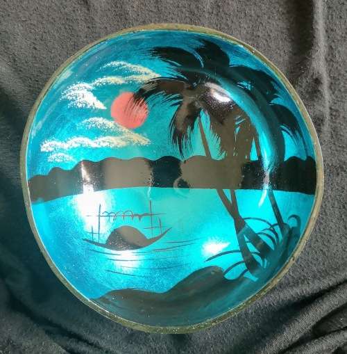 Handmade Painted Coconut Bowl - Blue and Black with Sunset and Palm Trees