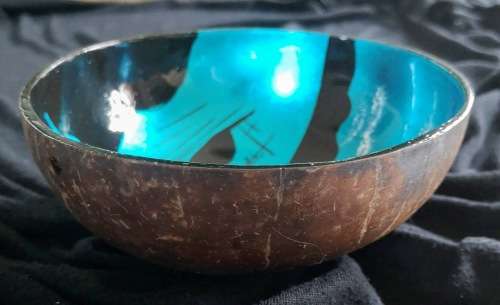 Handmade Painted Coconut Bowl - Blue and Black with Sunset and Palm Trees