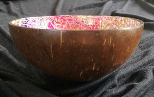 Handmade Mosaic Painted Coconut Bowl - Pink, Purple and Gold