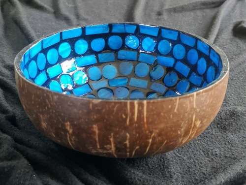 Handmade Mosaic Coconut Bowl - Blue and Black