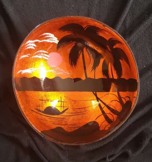 Handmade Painted Coconut Bowl - Orange and Black with Sunset and Palm Trees