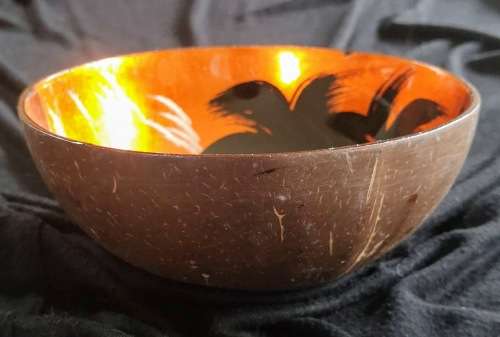 Handmade Painted Coconut Bowl - Orange and Black with Sunset and Palm Trees