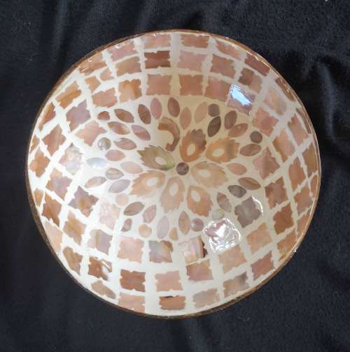 Handmade Mosaic Coconut Bowl - Peach with Flower Pattern
