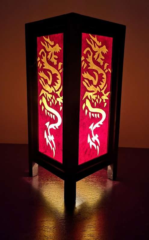 Handmade Vintage Style Thai Lamp with a Dragon Design - Red and Yellow