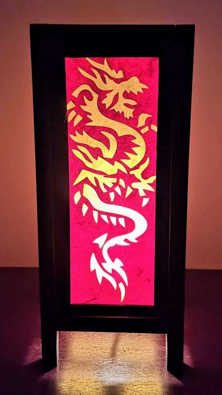 Handmade Vintage Style Thai Lamp with a Dragon Design - Red and Yellow