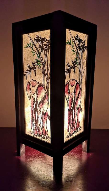 Handmade Vintage Style Thai Lamp with Elephant under Tree Design - Cream
