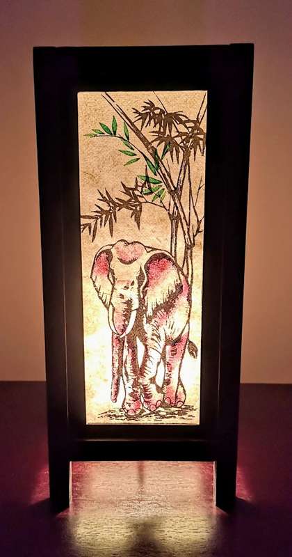 Handmade Vintage Style Thai Lamp with Elephant under Tree Design - Cream