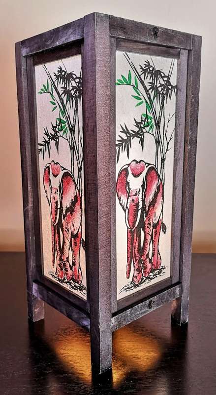 Handmade Vintage Style Thai Lamp with Elephant under Tree Design - Cream