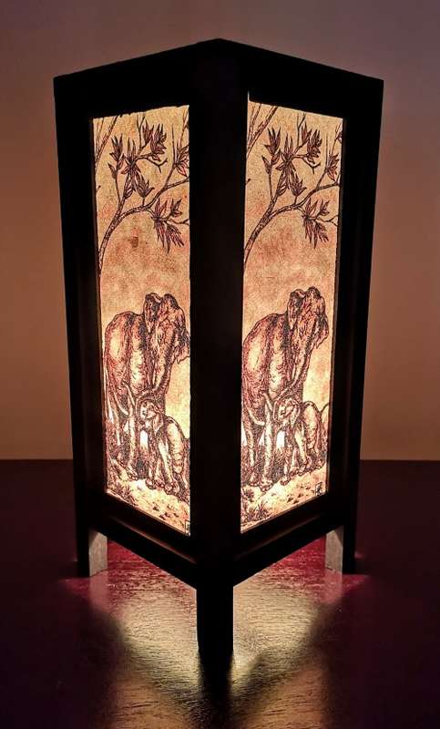 Handmade Vintage Style Thai Lamp with Elephant and Her Baby Under Tree  -  Cream and Brown