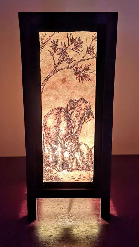 Handmade Vintage Style Thai Lamp with Elephant and Her Baby Under Tree  -  Cream and Brown