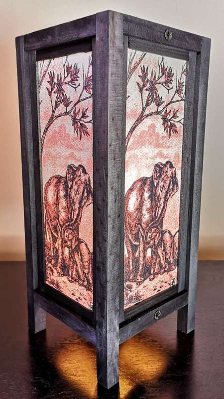 Handmade Vintage Style Thai Lamp with Elephant and Her Baby Under Tree  -  Cream and Brown
