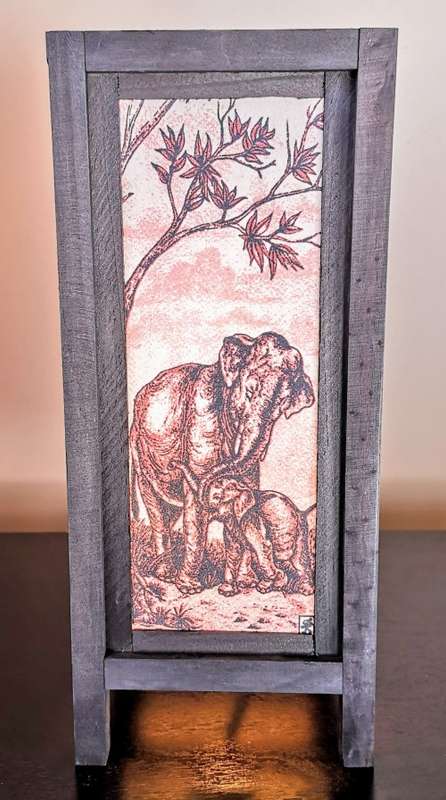Handmade Vintage Style Thai Lamp with Elephant and Her Baby Under Tree  -  Cream and Brown