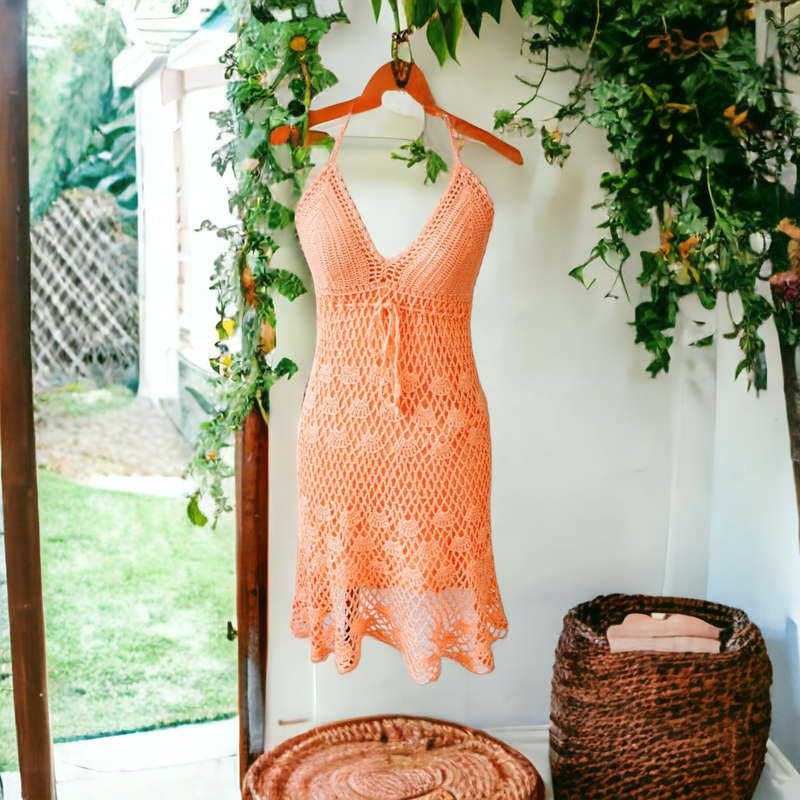 Crochet Beach Dress - Peach / Orange