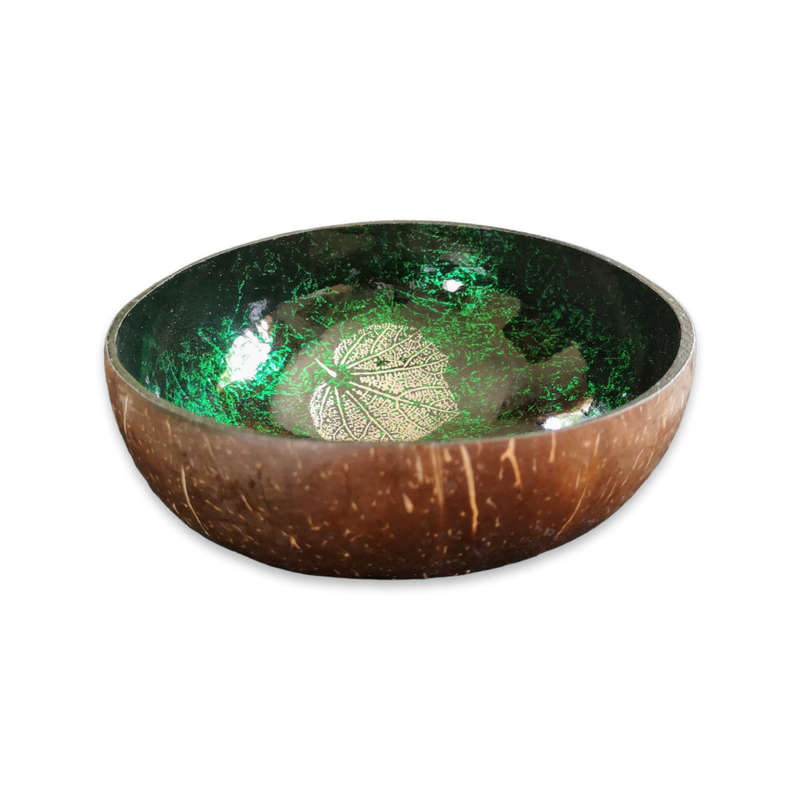 Handmade Painted Coconut Bowl - Green, Black , Silver leaf pattern