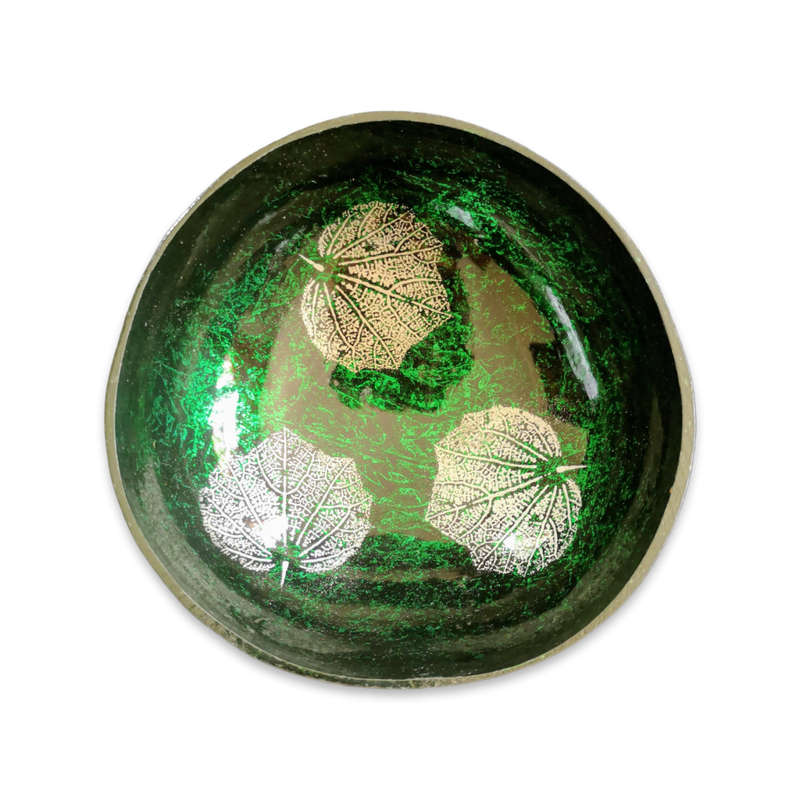 Handmade Painted Coconut Bowl - Green, Black , Silver leaf pattern