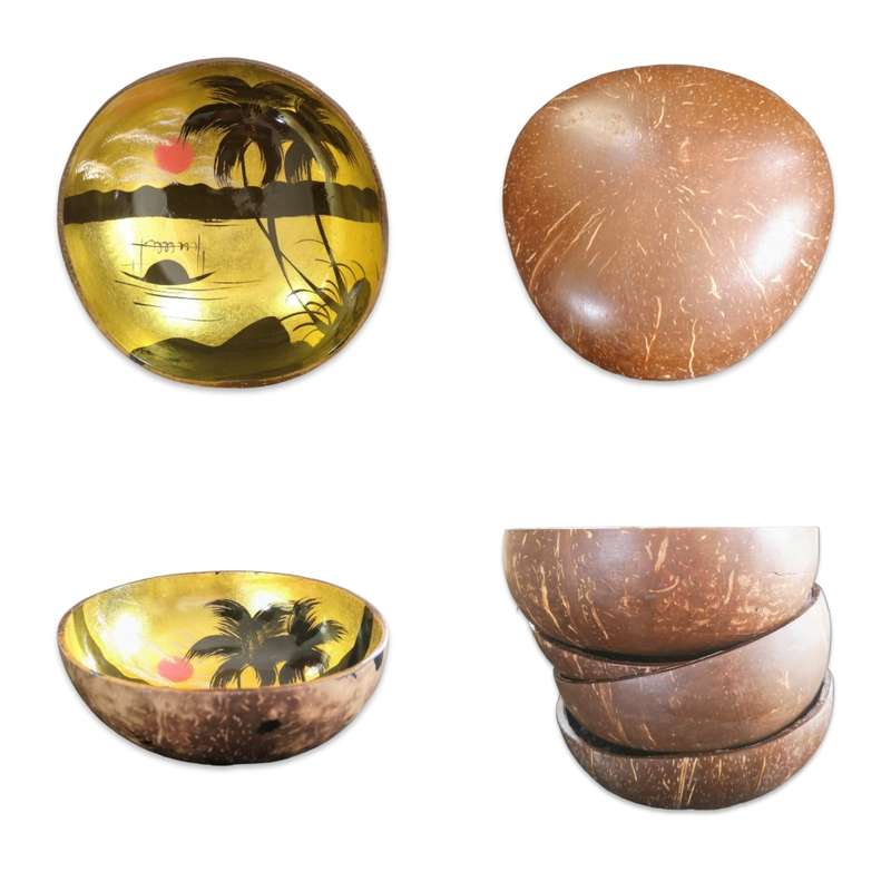 Handmade Painted Coconut Bowl - Black and Gold with Sunset and Palm trees
