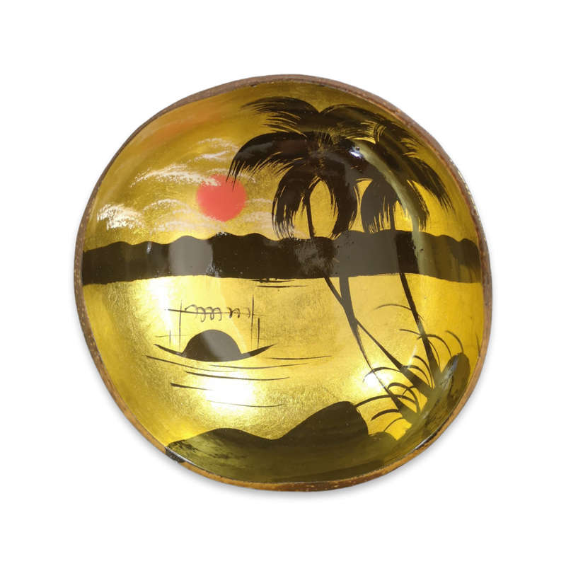 Handmade Painted Coconut Bowl - Black and Gold with Sunset and Palm trees