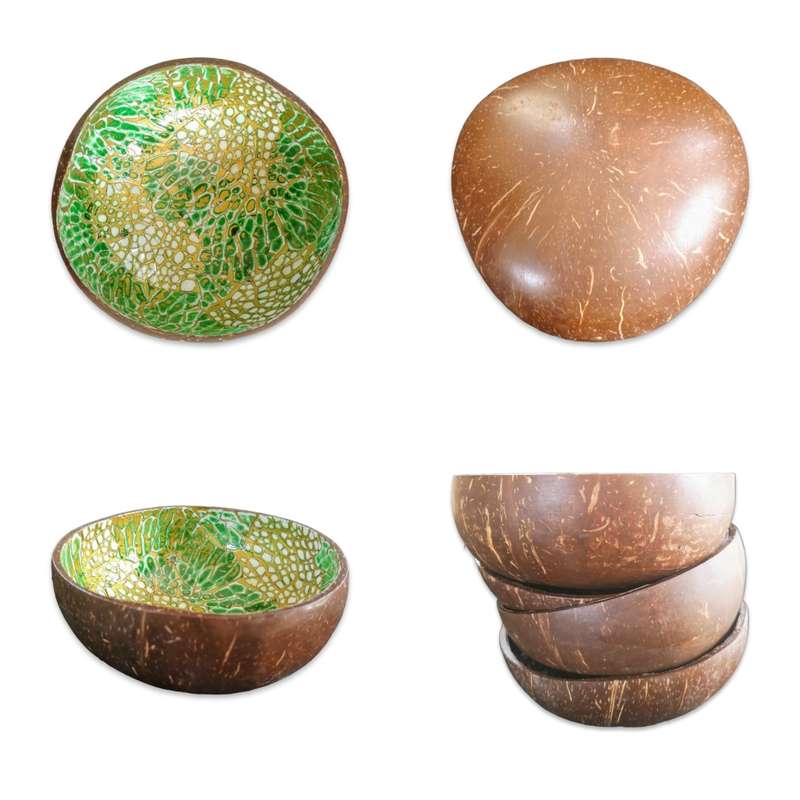 Handmade Mosaic Painted Coconut Bowl - Green , Gold and White