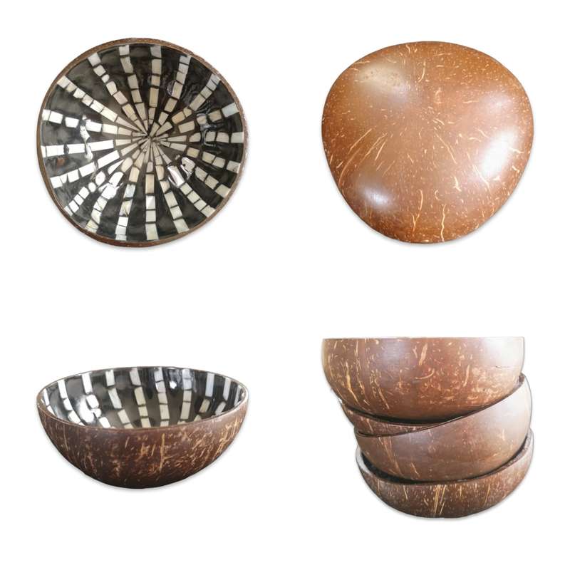 Handmade Mosaic Coconut Bowl - Black and Pearl White