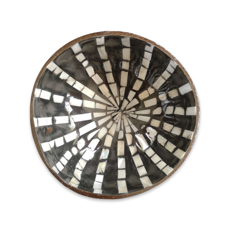 Handmade Mosaic Coconut Bowl - Black and Pearl White