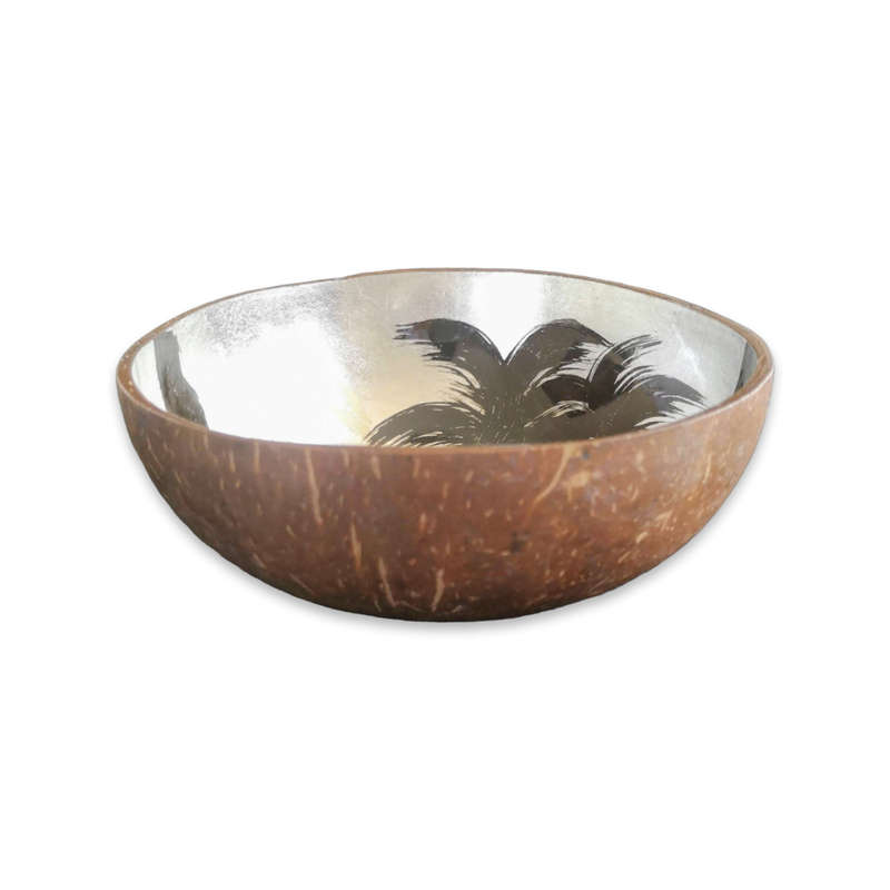 Handmade Painted Coconut Bowl - Black and Silver with Sunset and Palm Trees