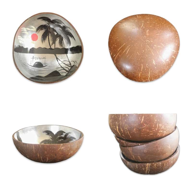 Handmade Painted Coconut Bowl - Black and Silver with Sunset and Palm Trees