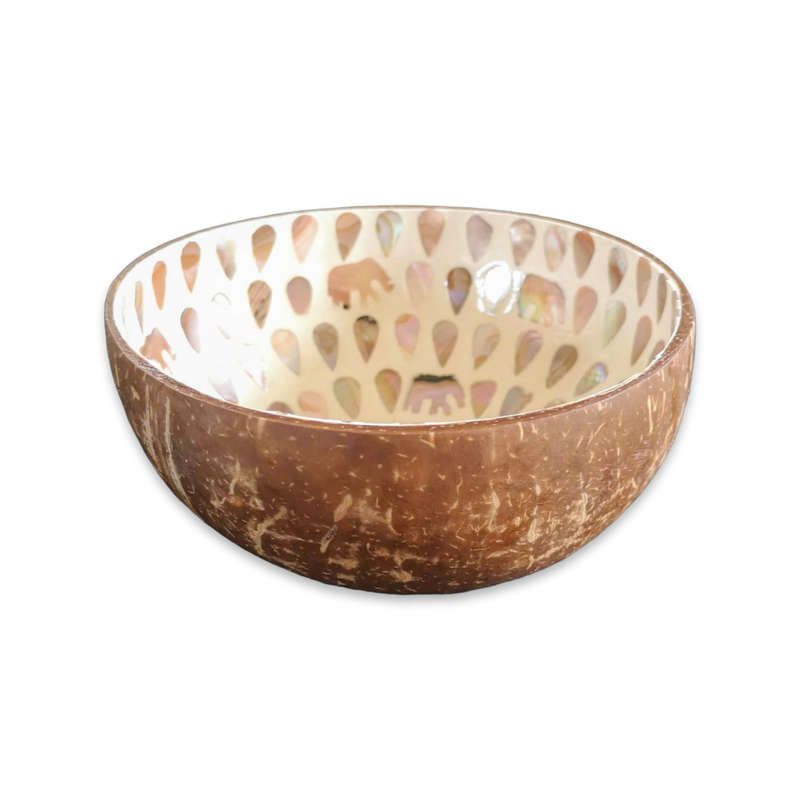 Handmade Mosaic Coconut Bowl - Peach with Elephant and Tear Drop Pattern