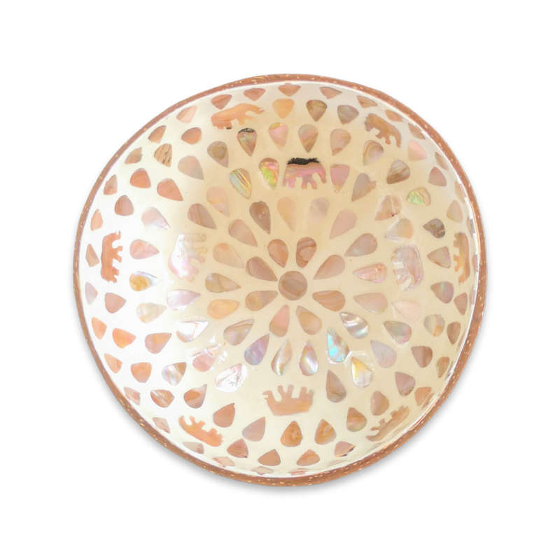 Handmade Mosaic Coconut Bowl - Peach with Elephant and Tear Drop Pattern