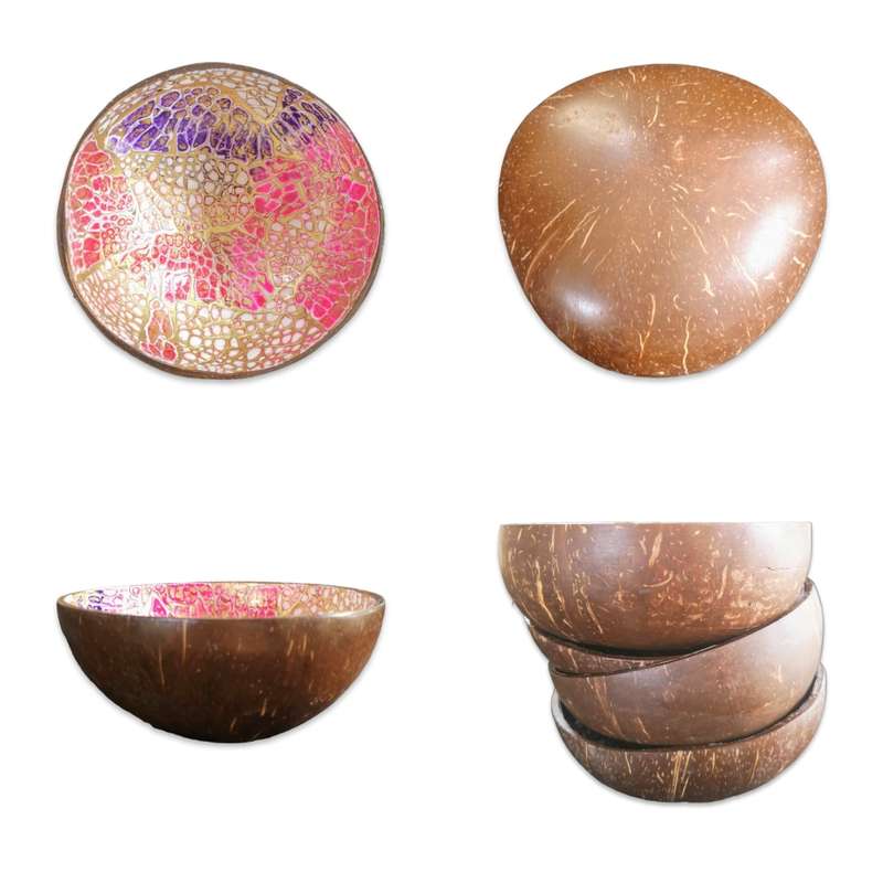 Handmade Mosaic Painted Coconut Bowl - Pink, Purple and Gold