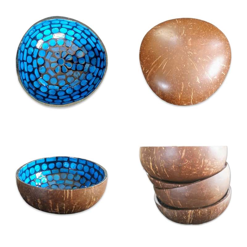 Handmade Mosaic Coconut Bowl - Blue and Black