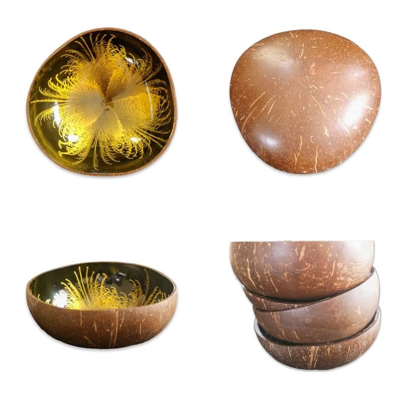 Handmade Painted Coconut Bowl - Black and Gold